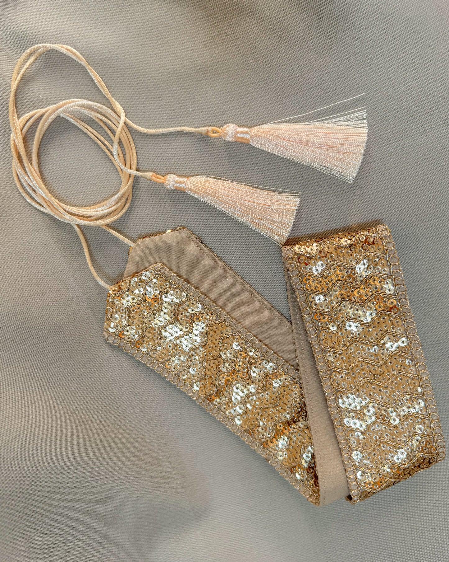 Golden bohemian embroidered obi belt with tassels