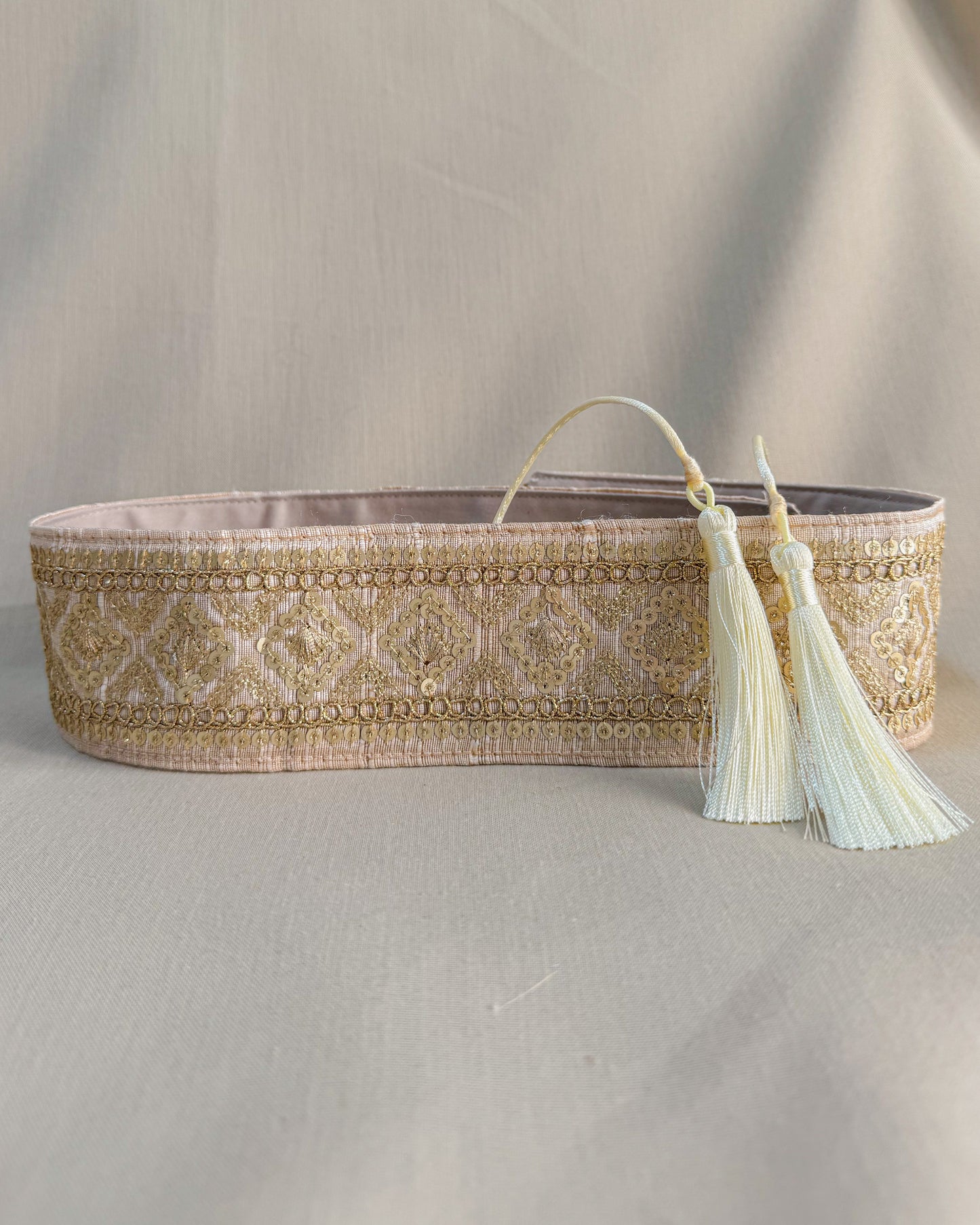 Beige bohemian embroidered obi belt with tassels