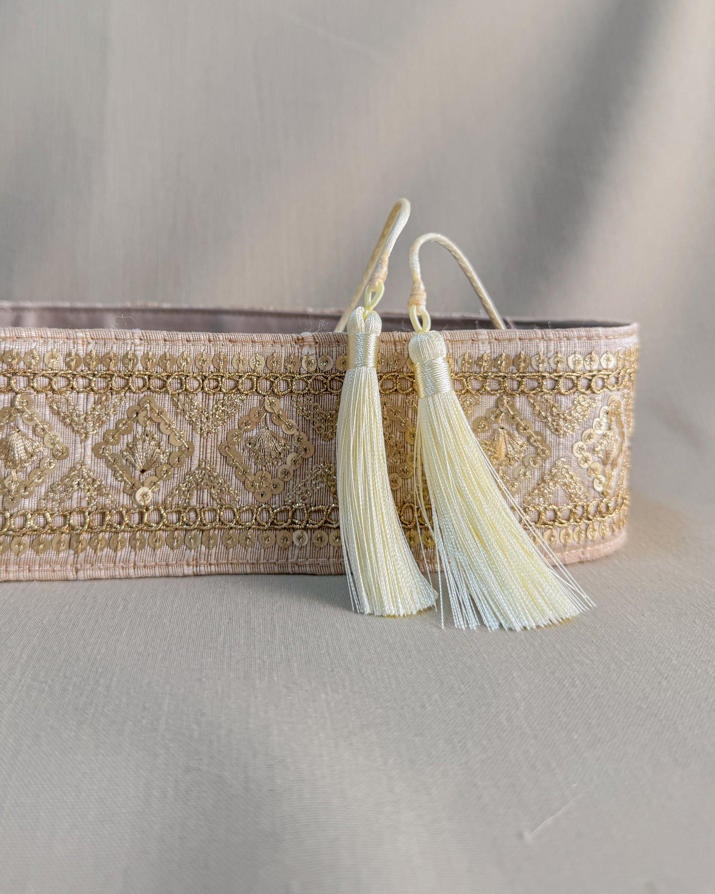 Beige bohemian embroidered obi belt with tassels