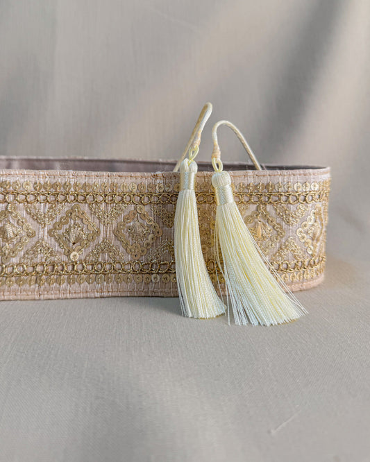 Beige bohemian embroidered obi belt with tassels