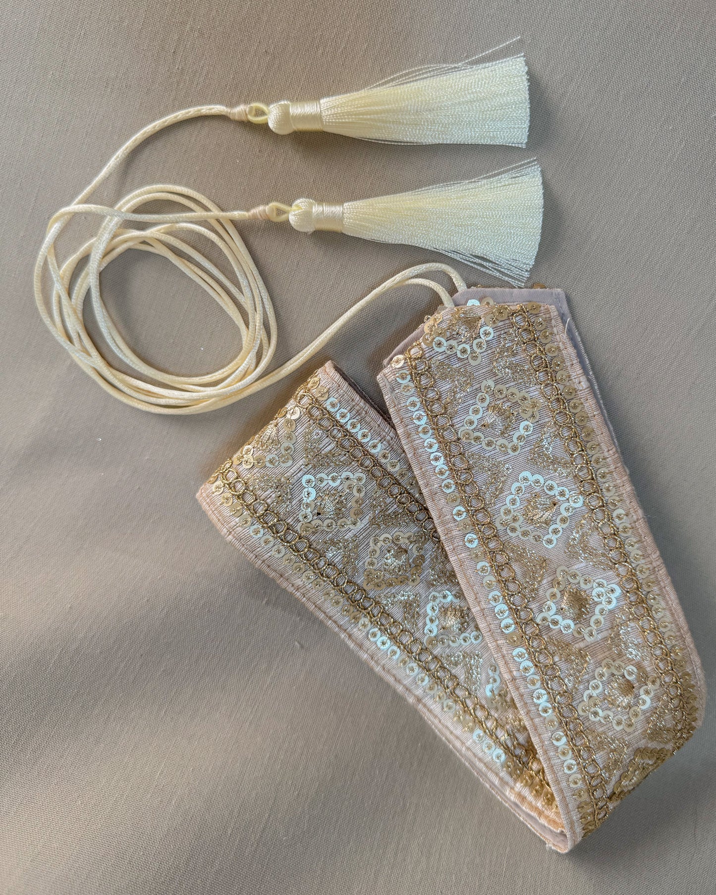 Beige bohemian embroidered obi belt with tassels