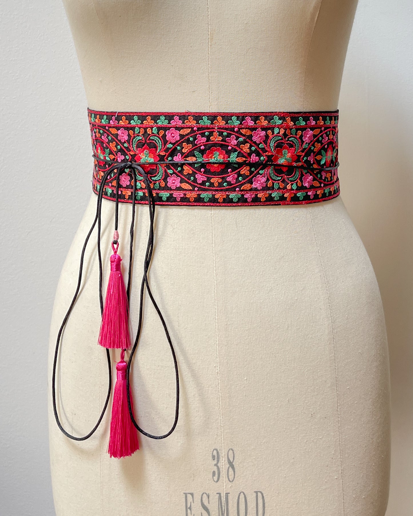 Black bohemian embroidered obi belt with tassels