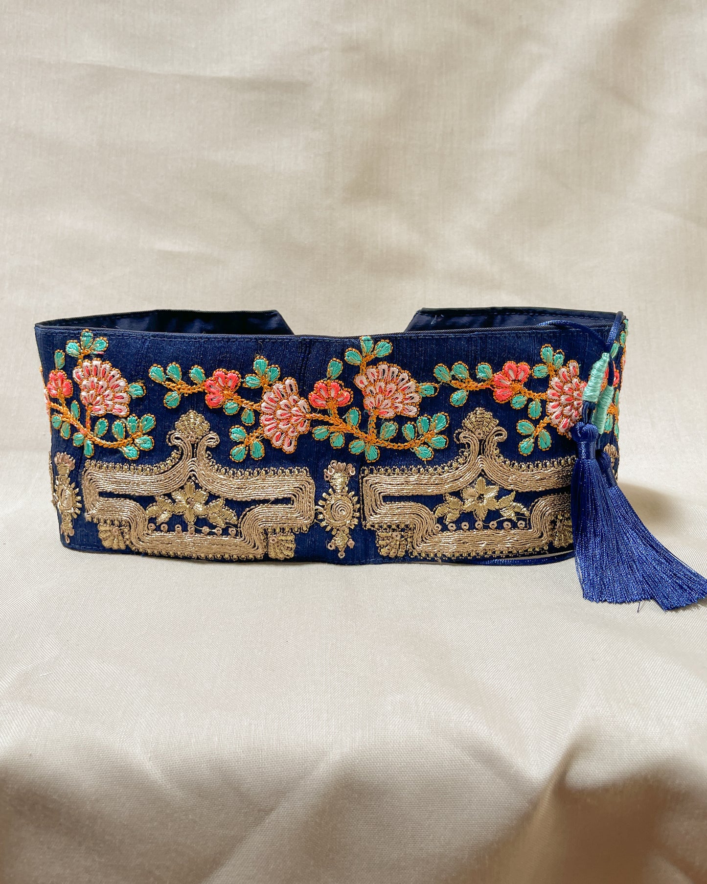 Bohemian embroidered obi belt with tassels