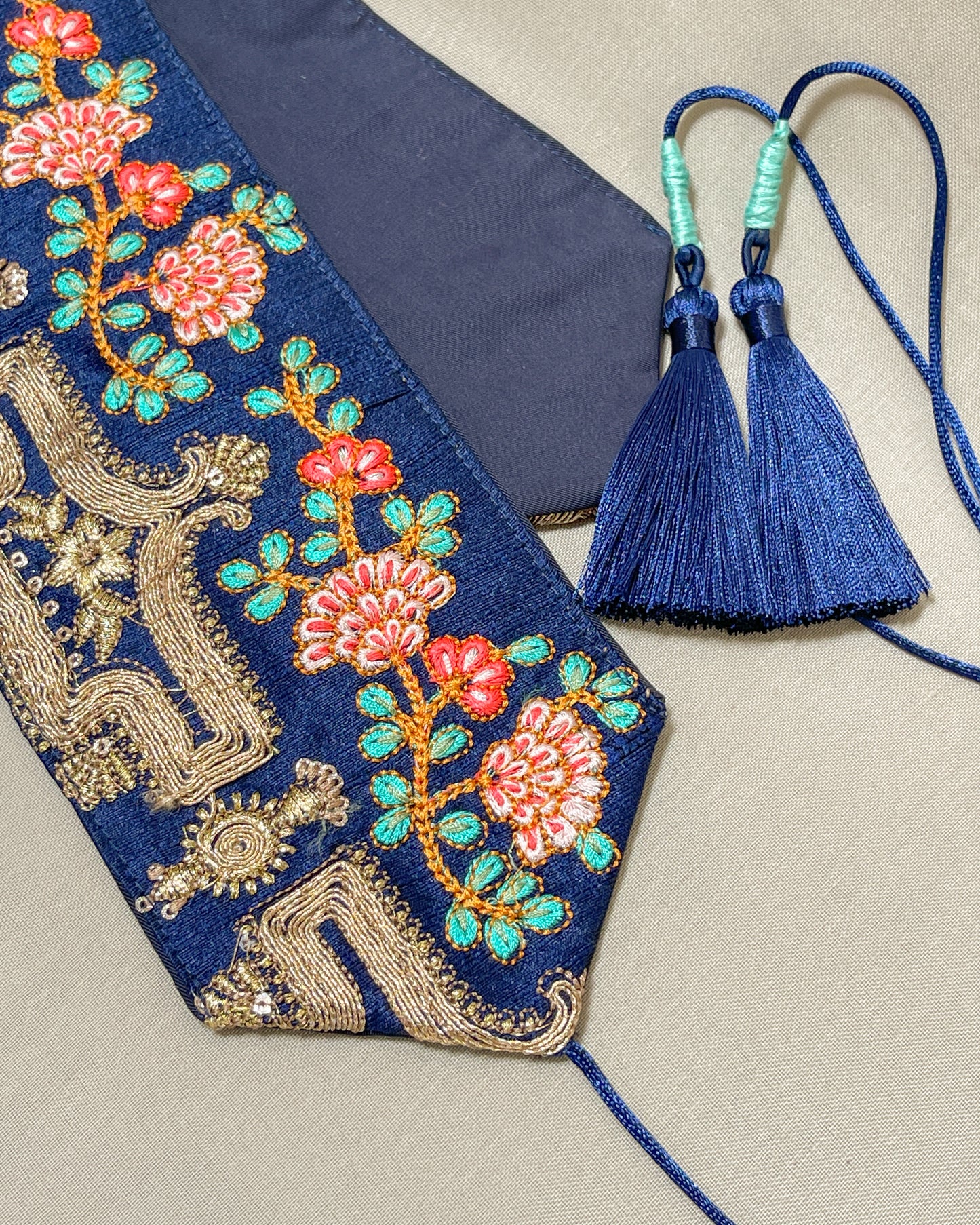 Bohemian embroidered obi belt with tassels