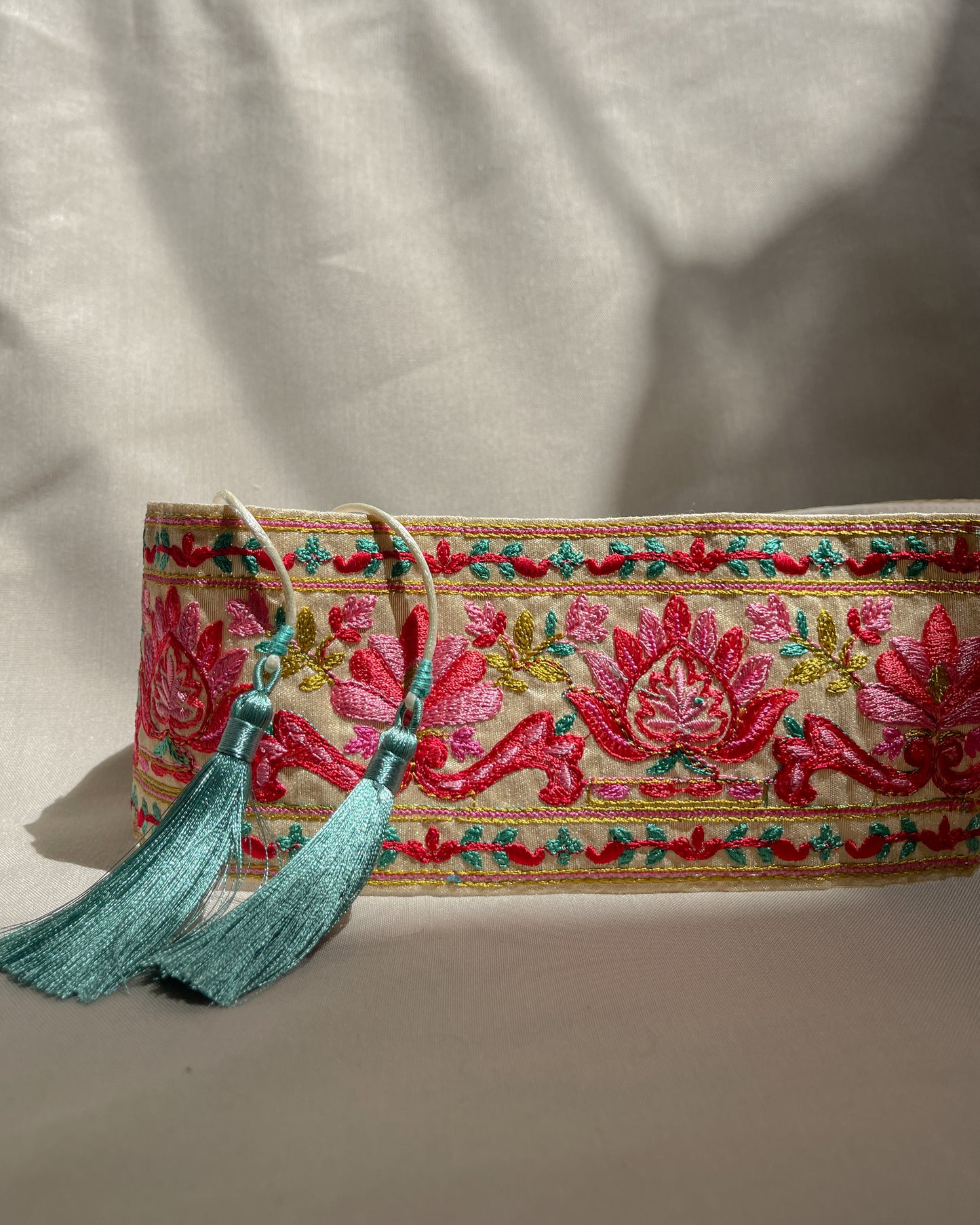 Bohemian embroidered obi belt with tassels