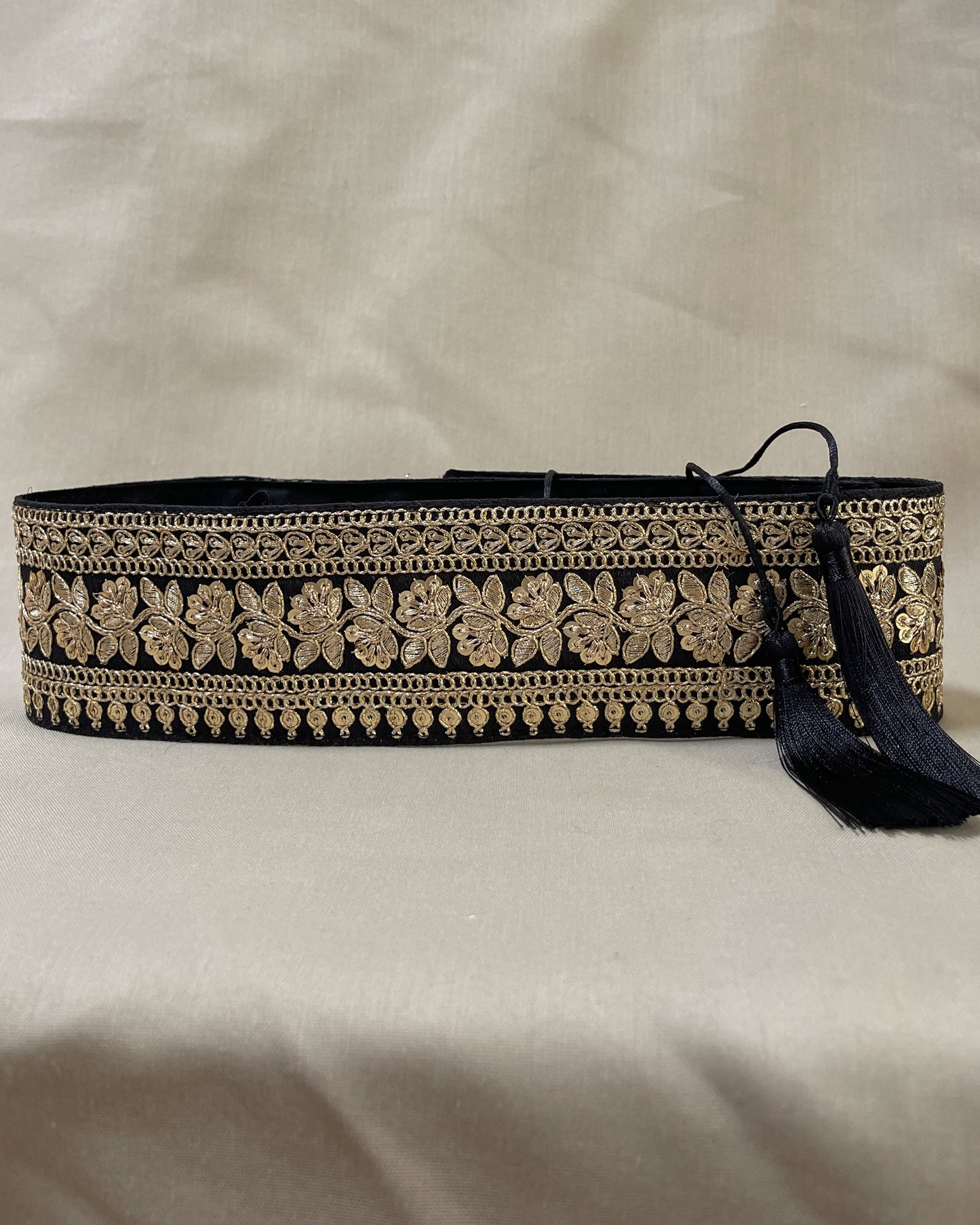 Black bohemian embroidered obi belt with tassels