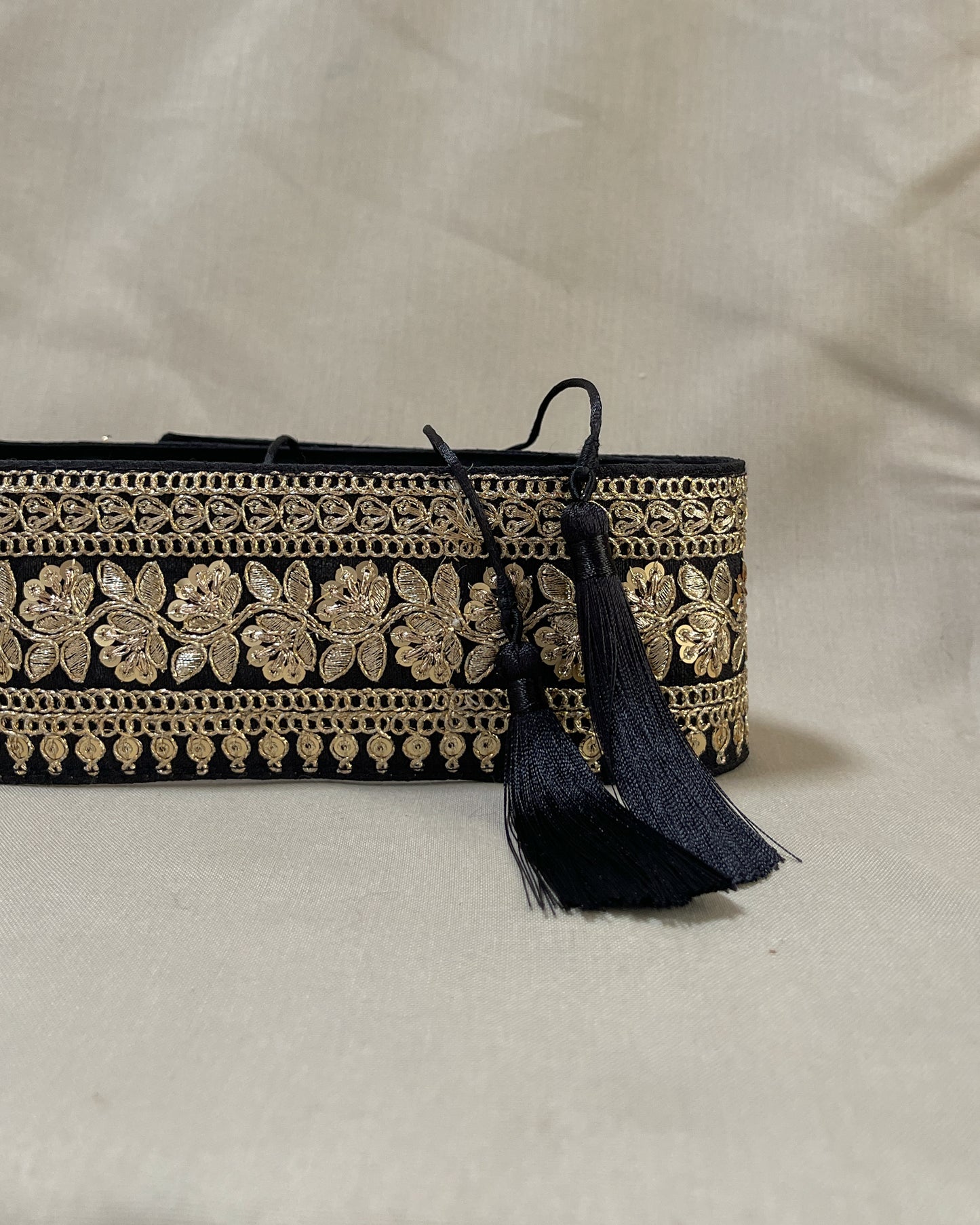 Black bohemian embroidered obi belt with tassels