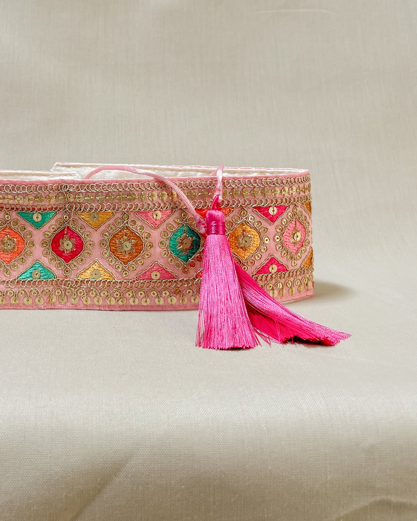 Bohemian embroidered obi belt with tassels