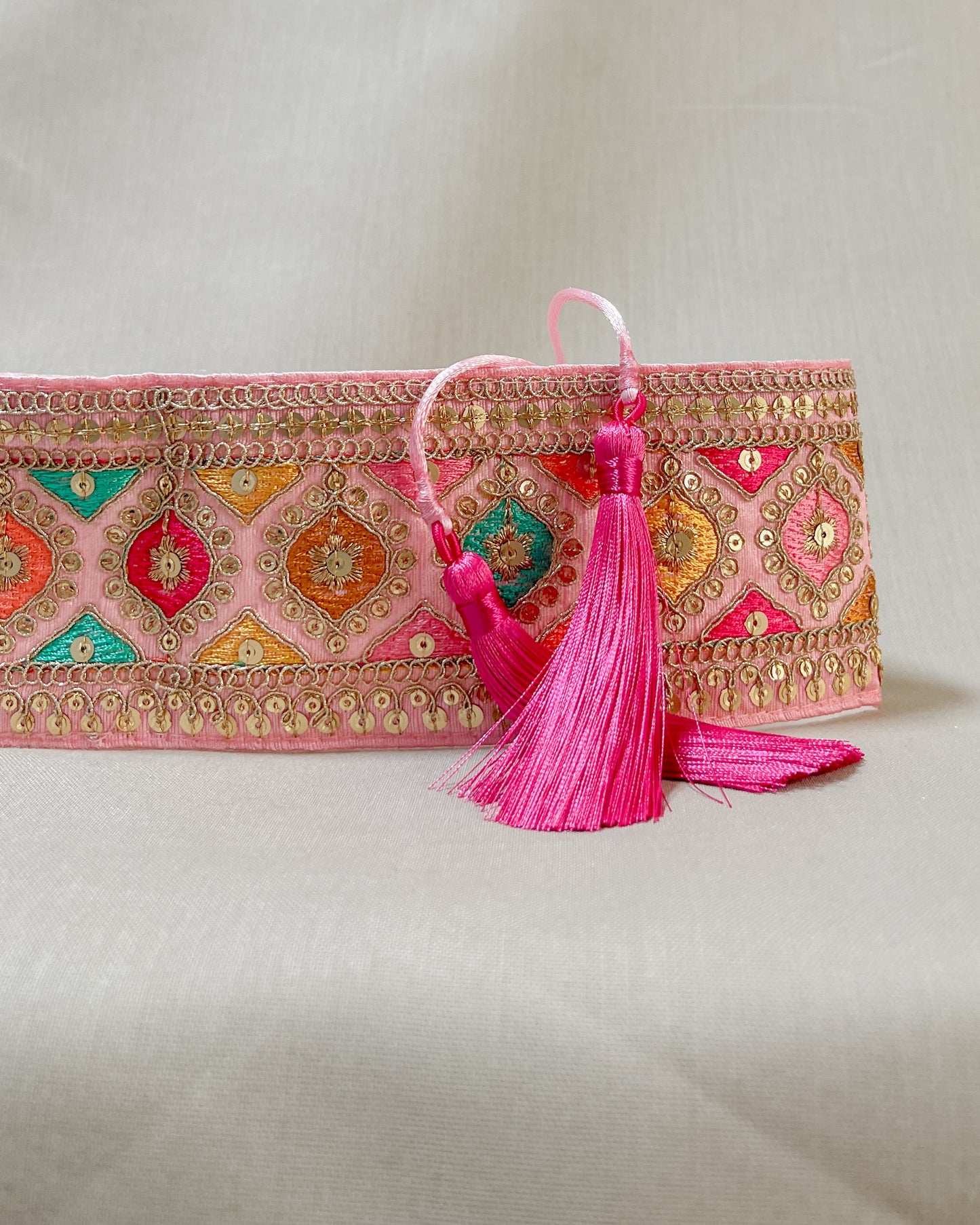 Bohemian embroidered obi belt with tassels