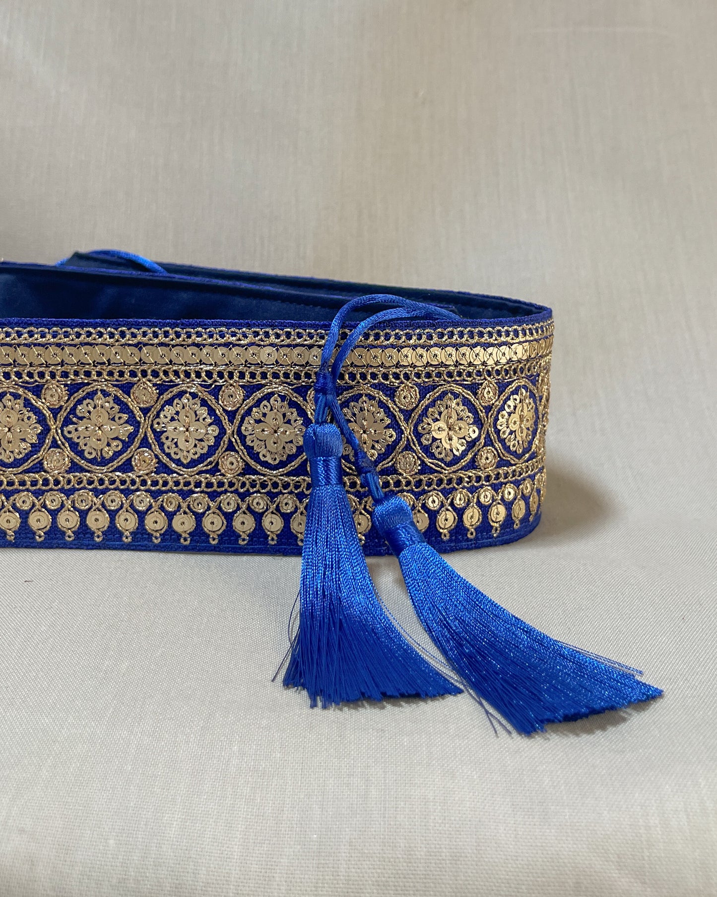 Blue bohemian embroidered obi belt with tassels