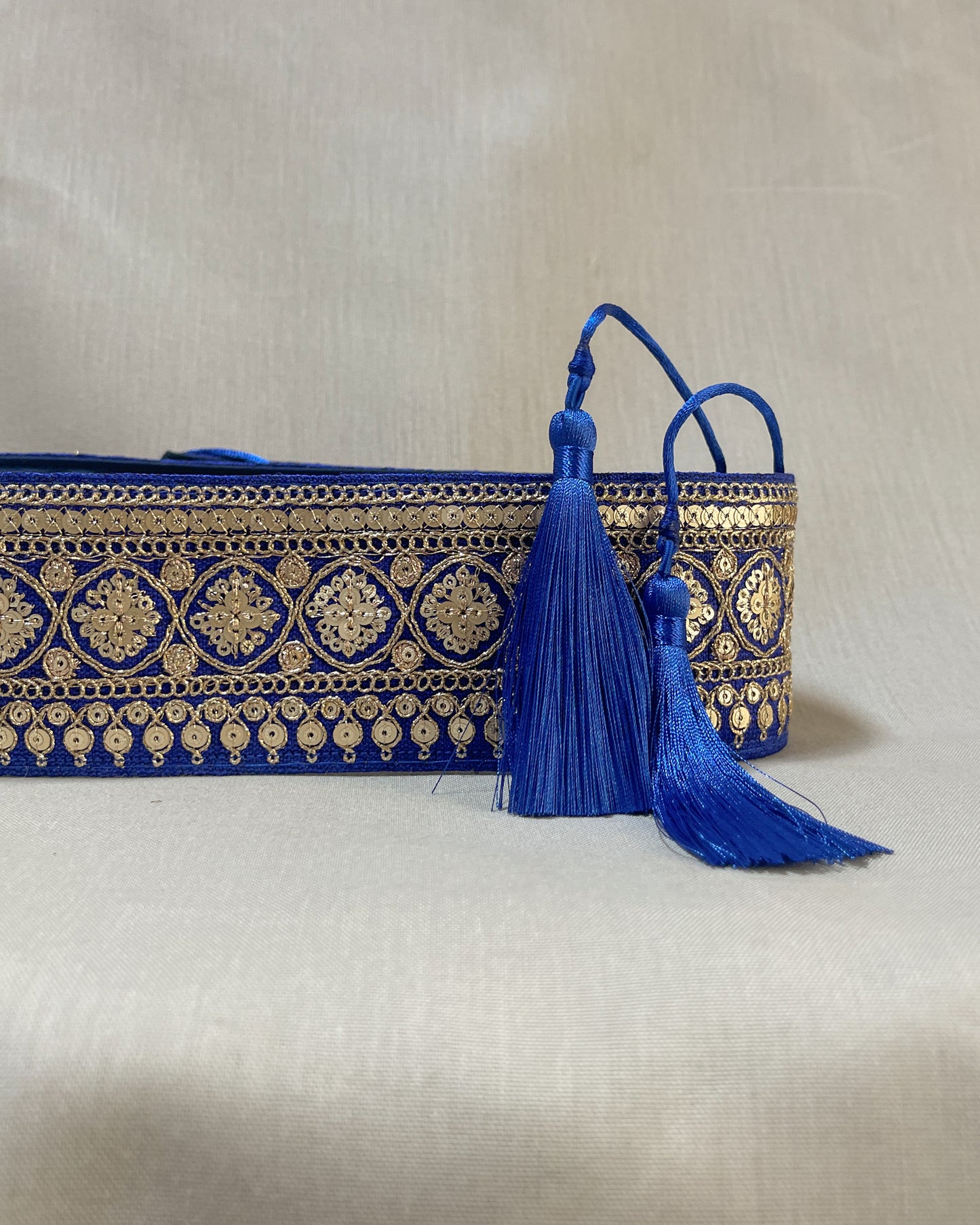 Blue bohemian embroidered obi belt with tassels