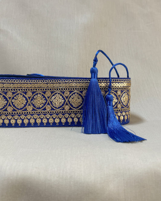 Blue bohemian embroidered obi belt with tassels