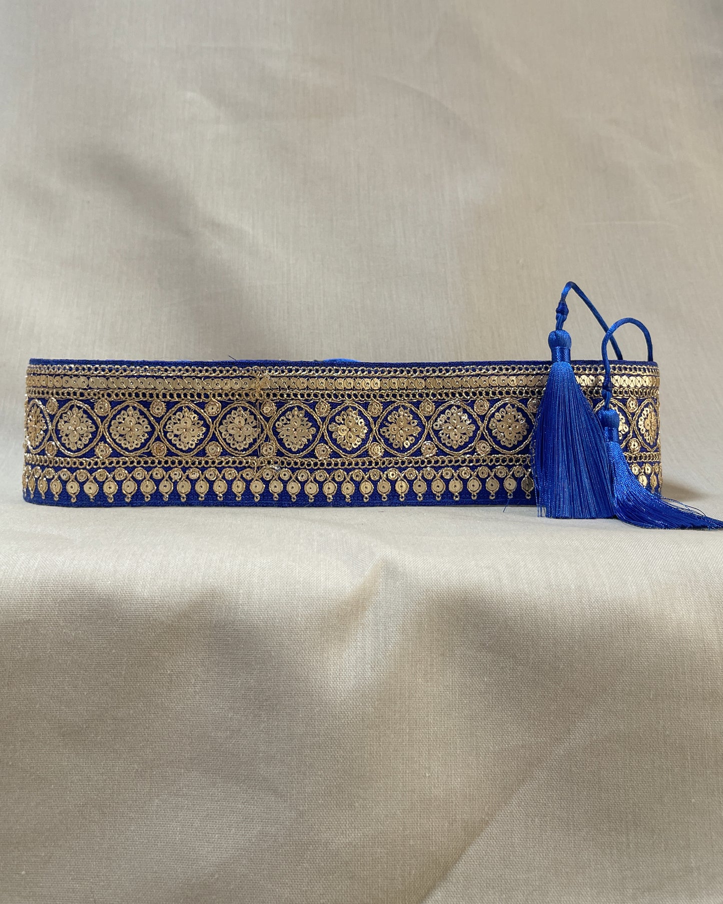 Blue bohemian embroidered obi belt with tassels