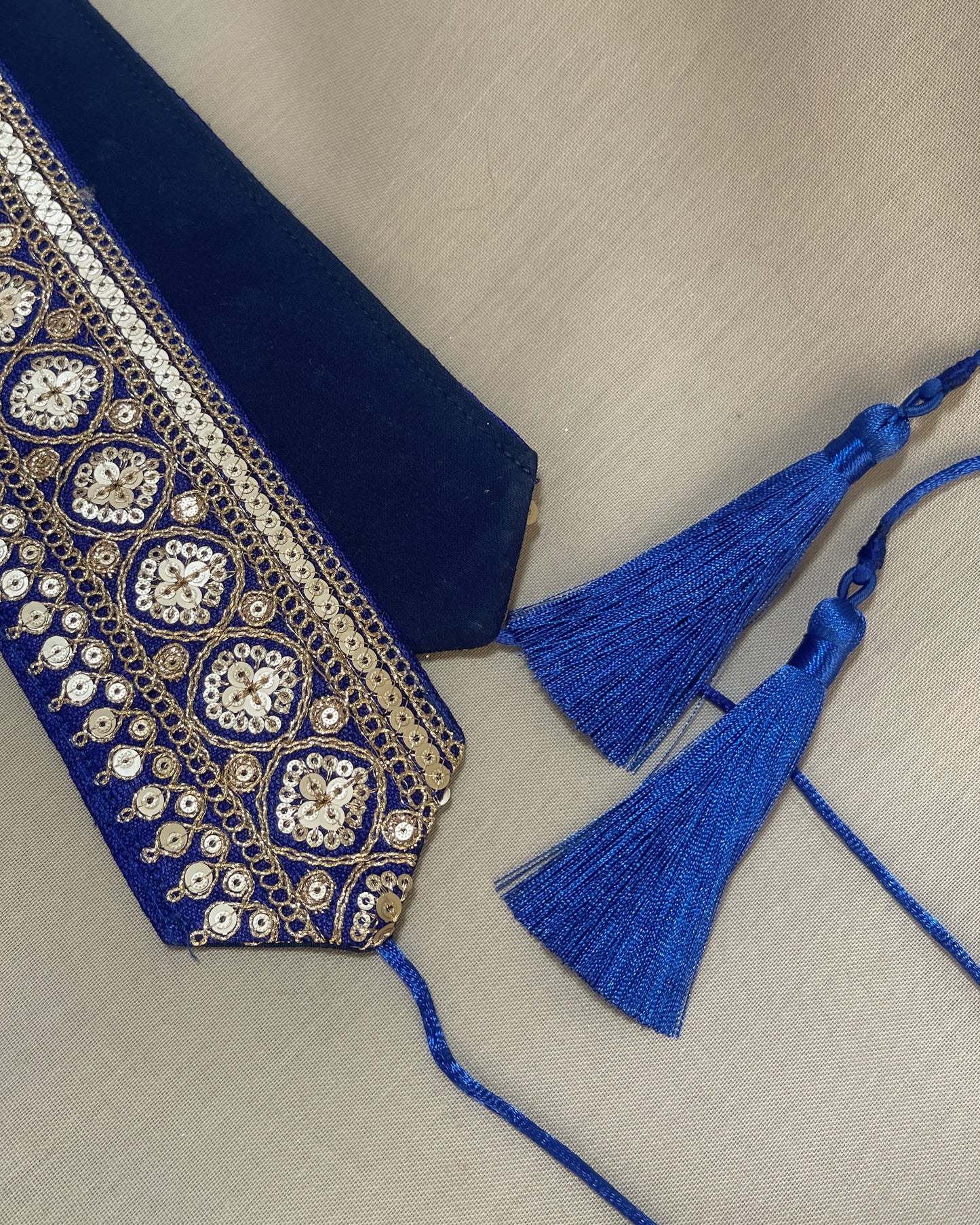 Blue bohemian embroidered obi belt with tassels