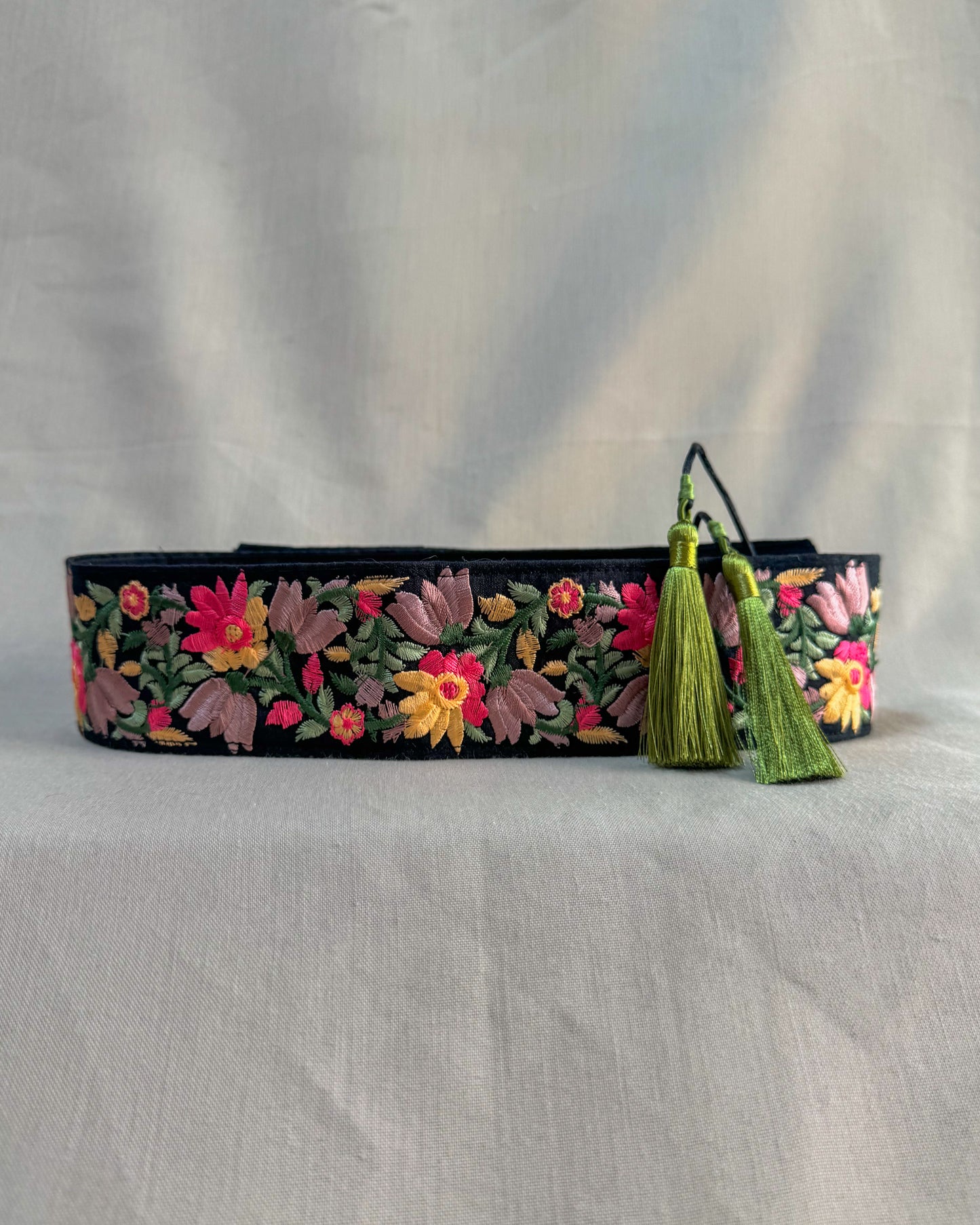 Black bohemian embroidered obi belt with tassels