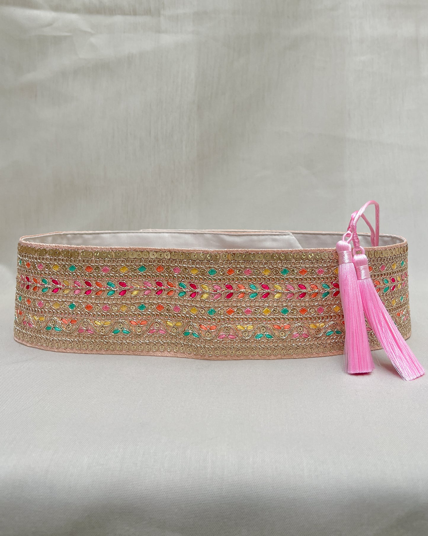 Light pink bohemian embroidered obi belt with tassels