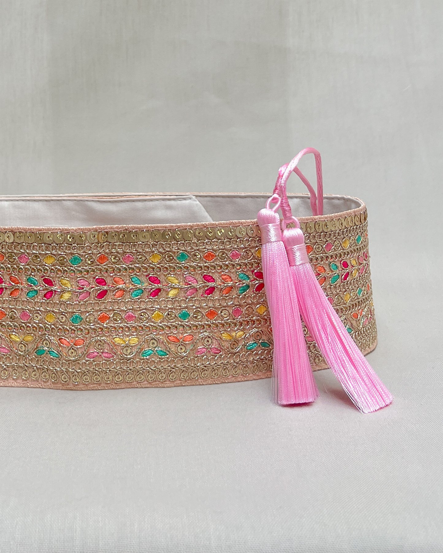 Light pink bohemian embroidered obi belt with tassels