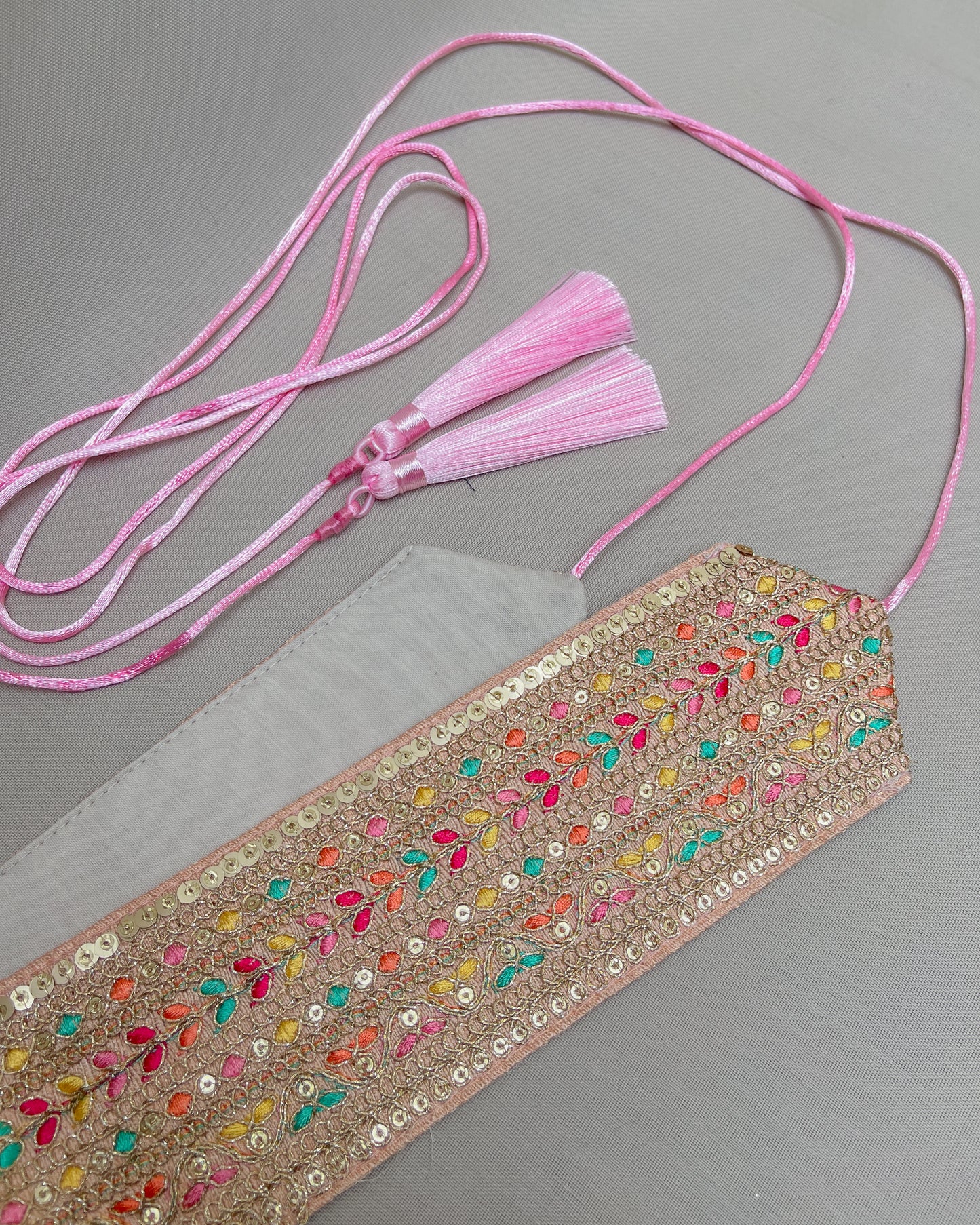 Light pink bohemian embroidered obi belt with tassels