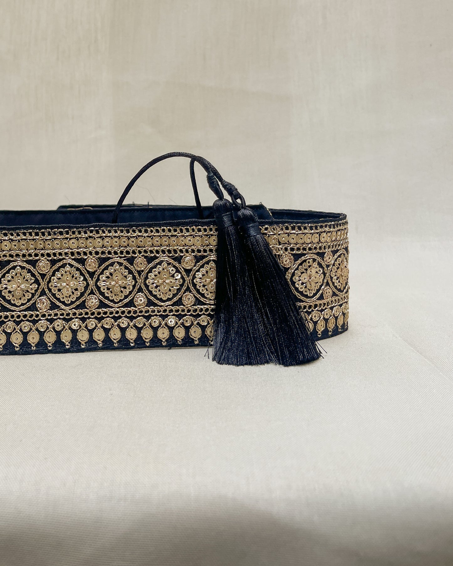 Black bohemian embroidered obi belt with tassels