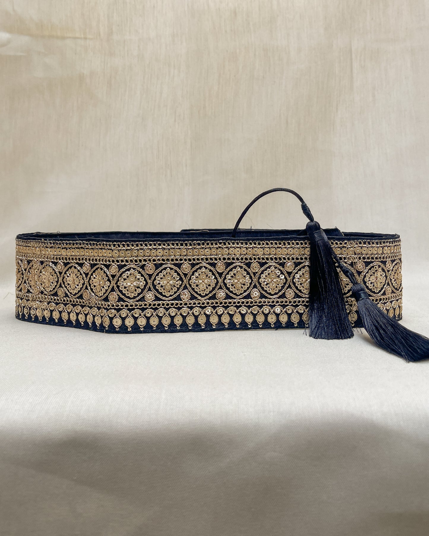 Black bohemian embroidered obi belt with tassels