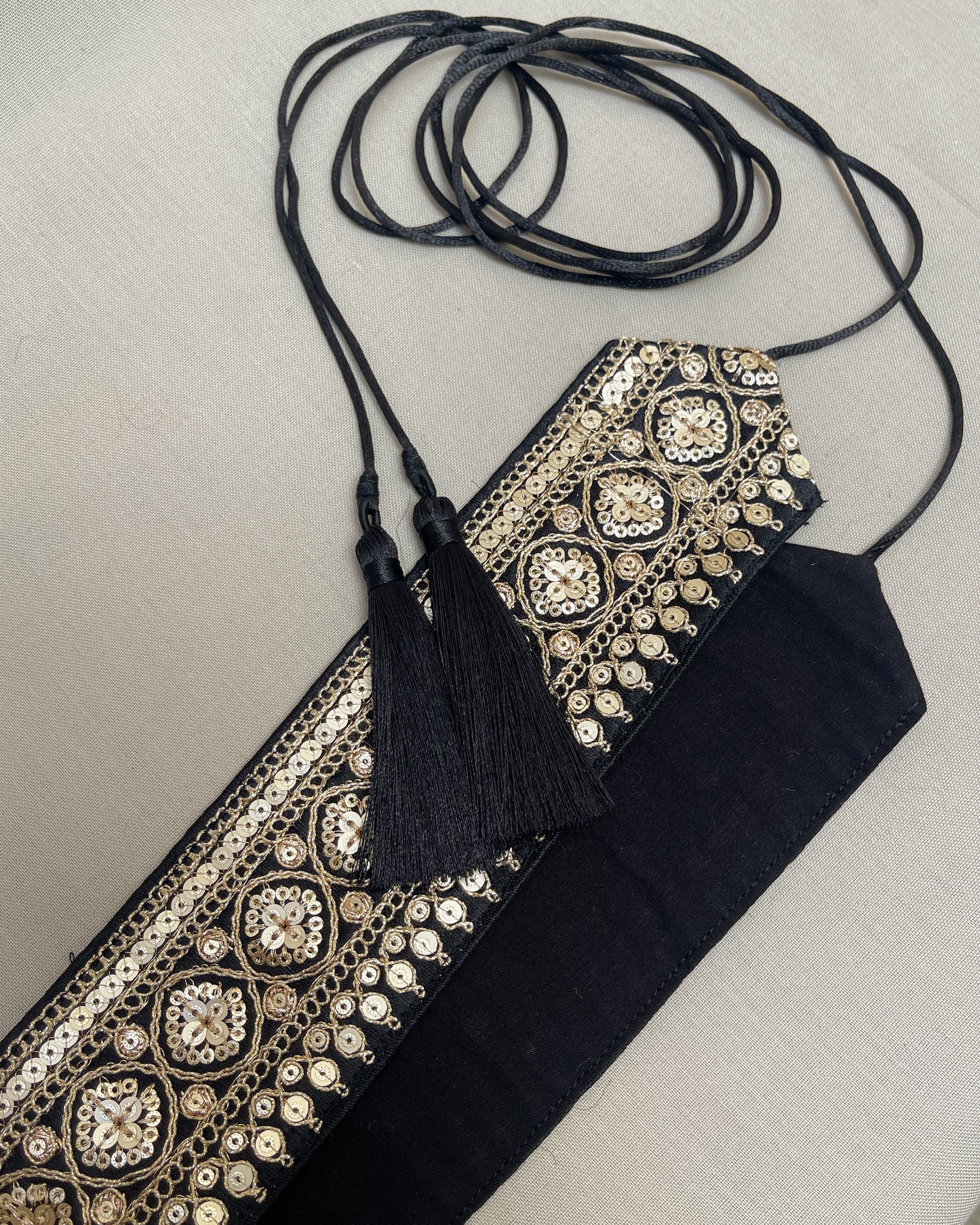 Black bohemian embroidered obi belt with tassels