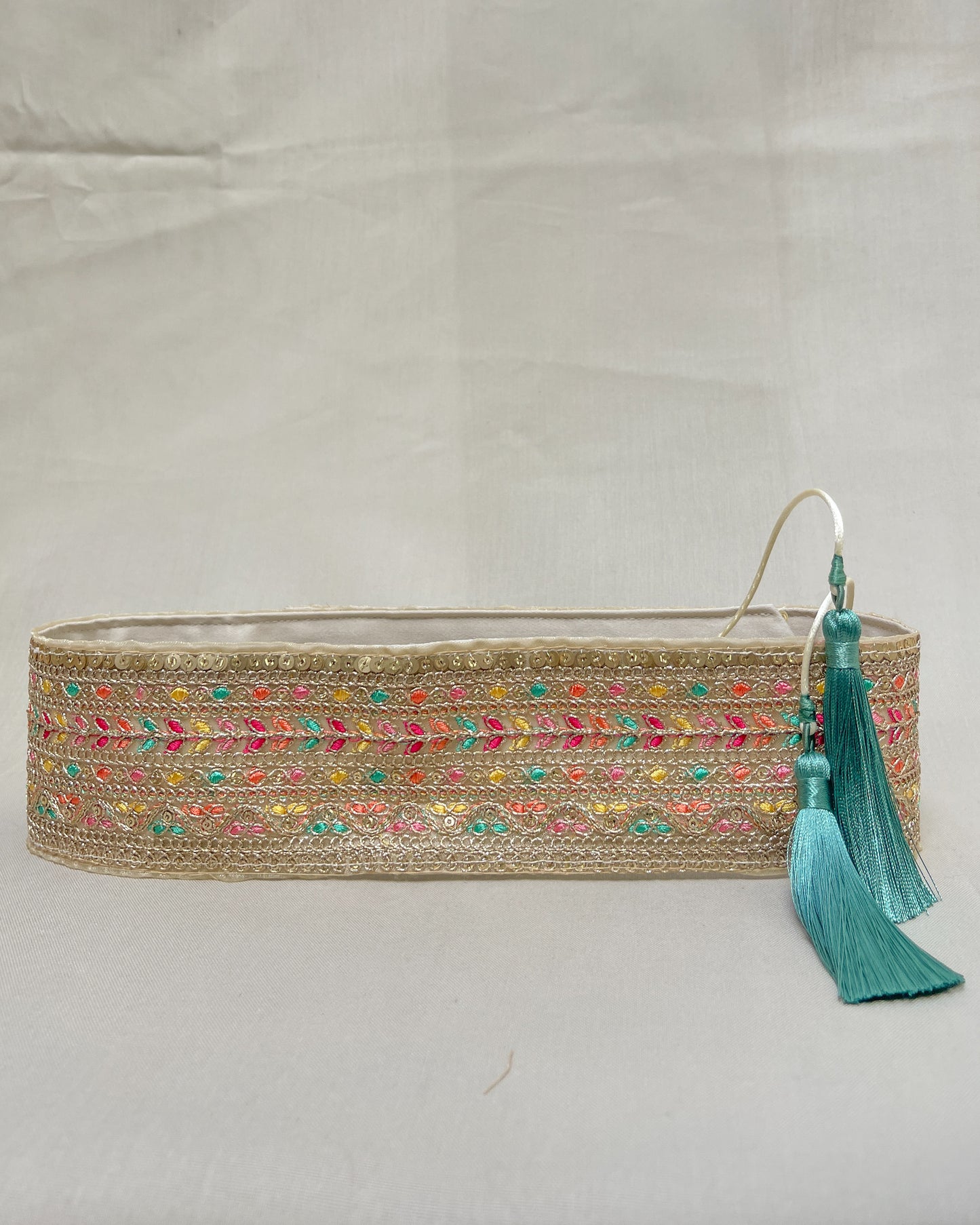 Golden bohemian embroidered obi belt with tassels