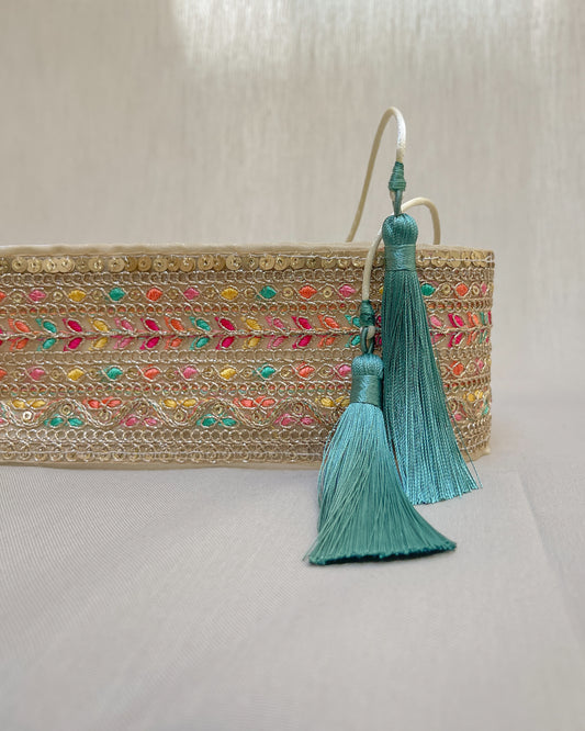 Golden bohemian embroidered obi belt with tassels