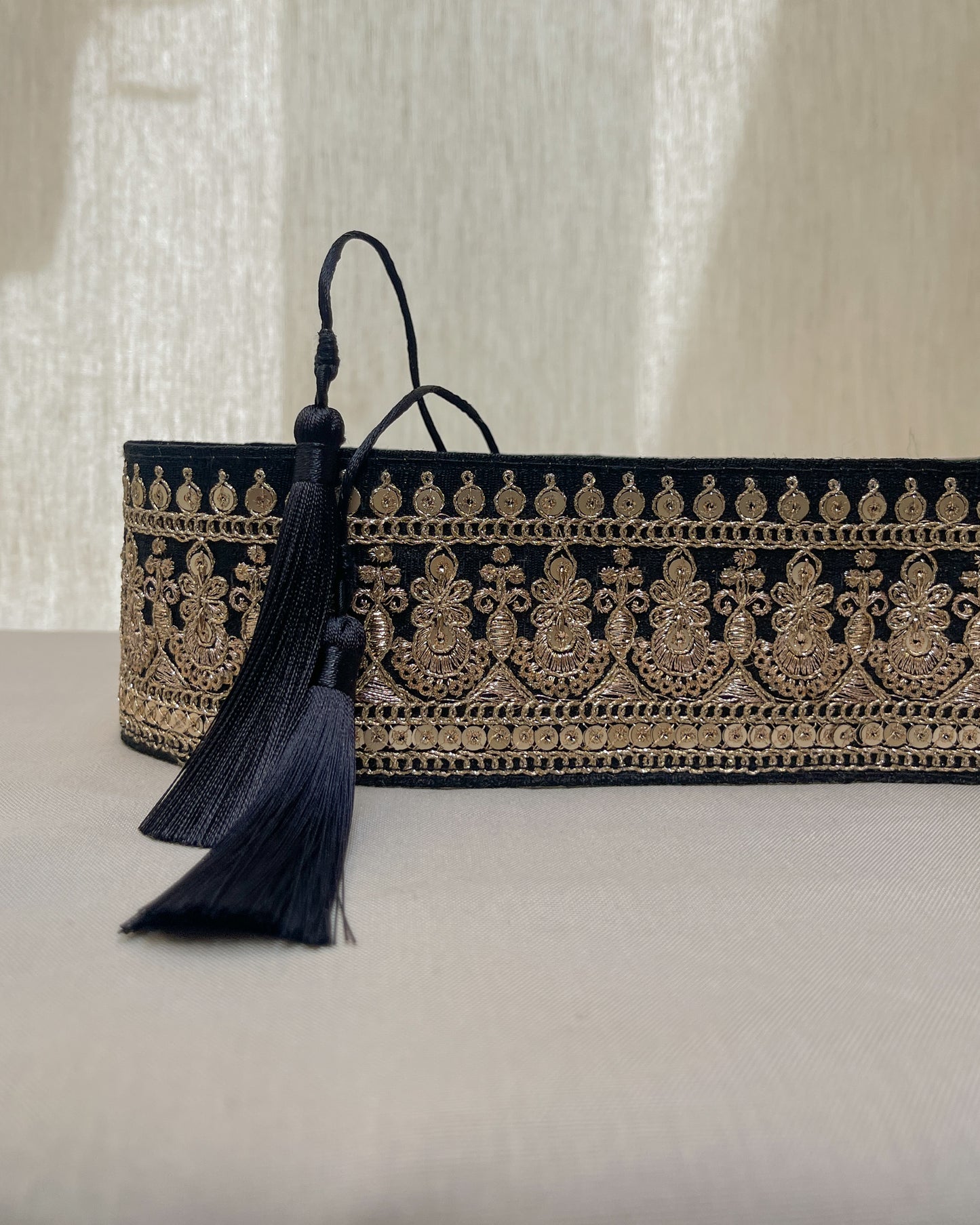 Black bohemian embroidered obi belt with tassels