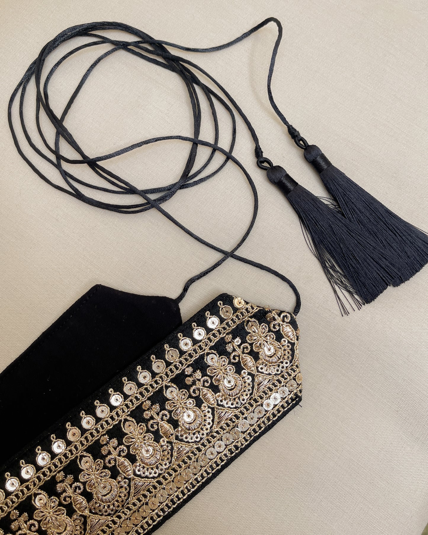 Black bohemian embroidered obi belt with tassels