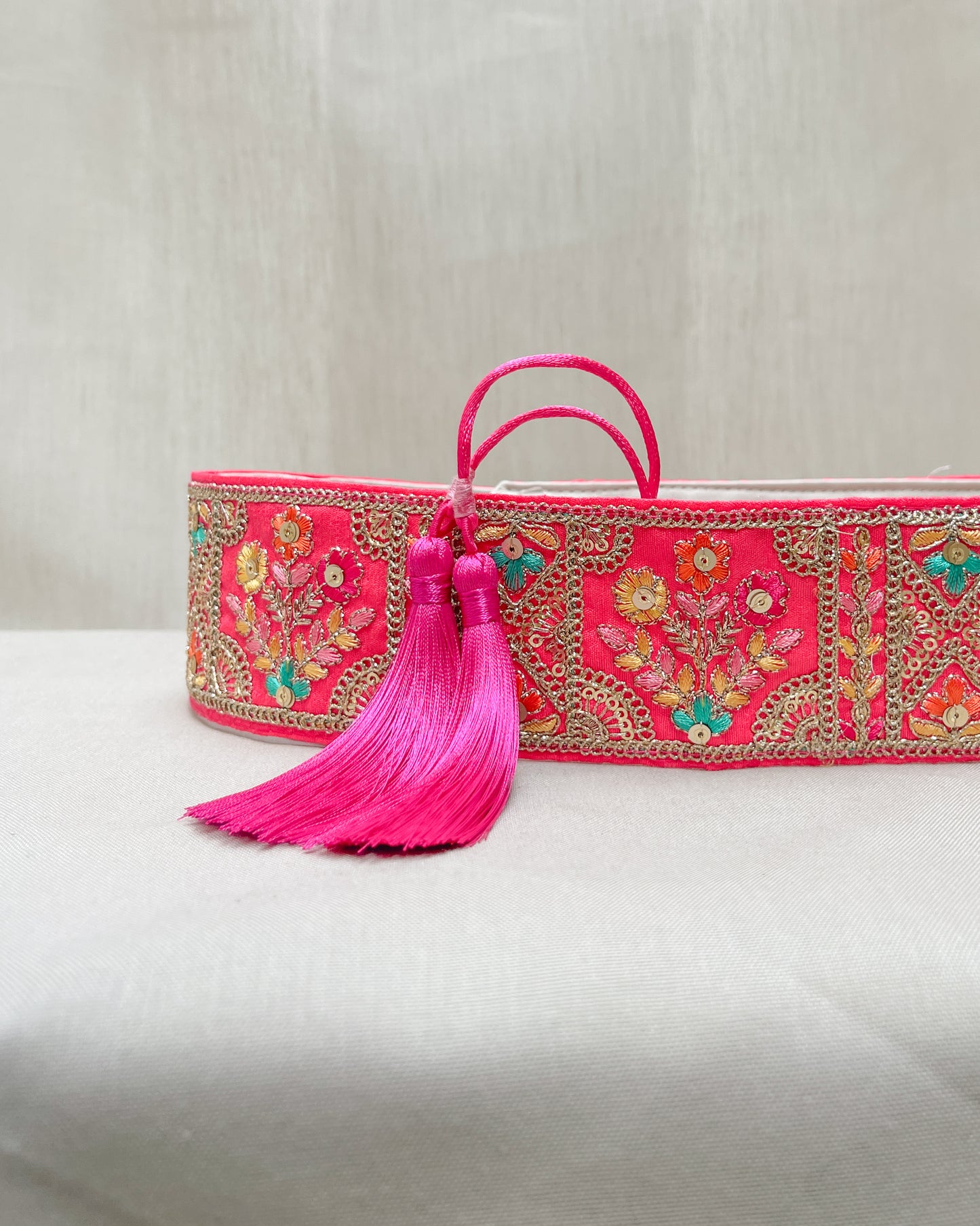 Pink bohemian embroidered obi belt with tassels