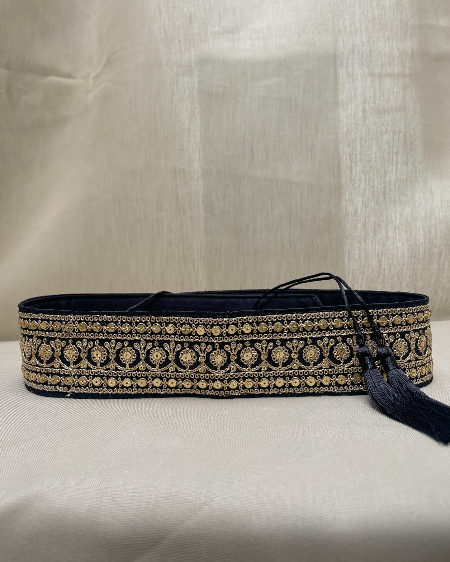 Black bohemian embroidered obi belt with tassels