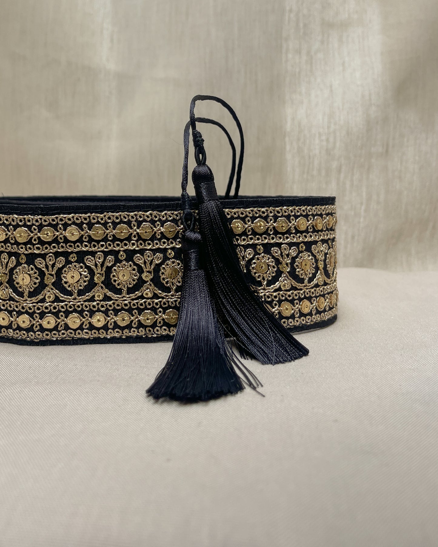 Black bohemian embroidered obi belt with tassels