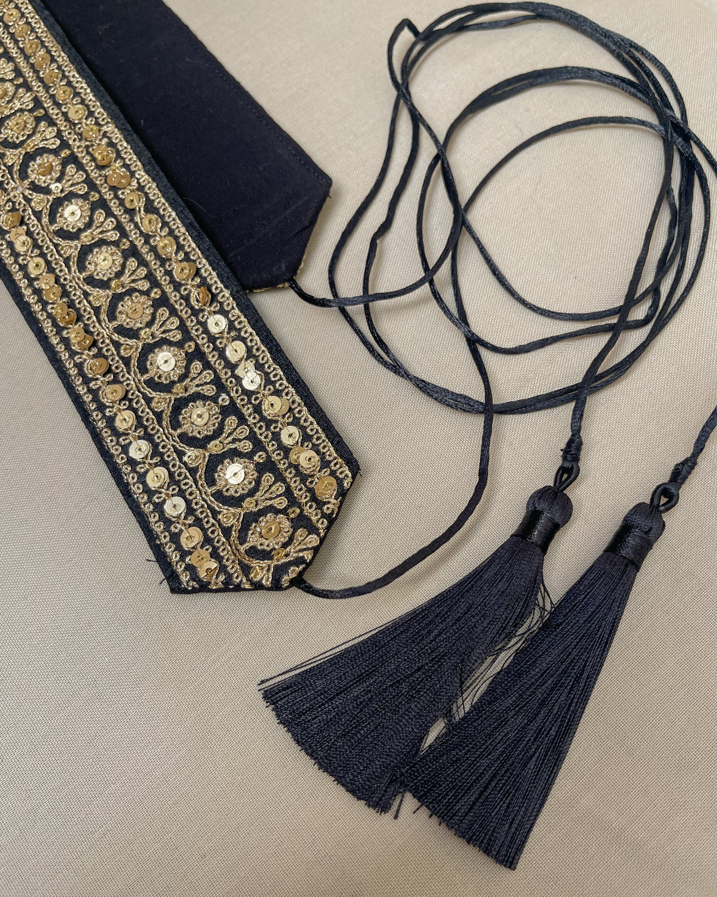 Black bohemian embroidered obi belt with tassels