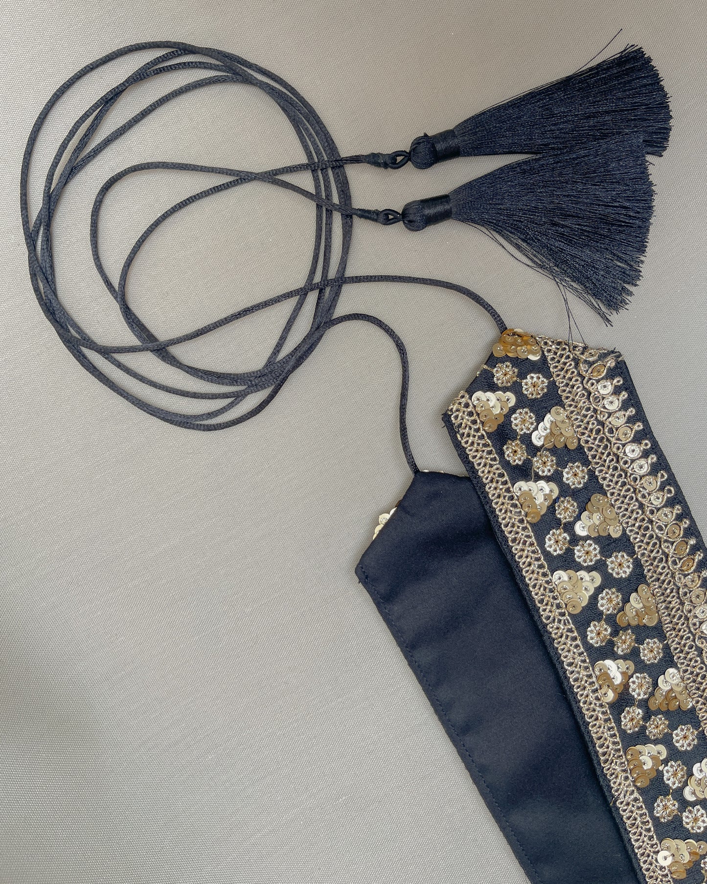 Black bohemian embroidered obi belt with tassels