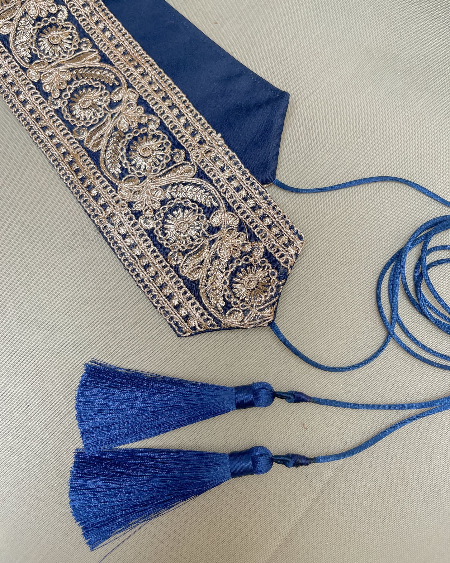 Blue bohemian embroidered obi belt with tassels