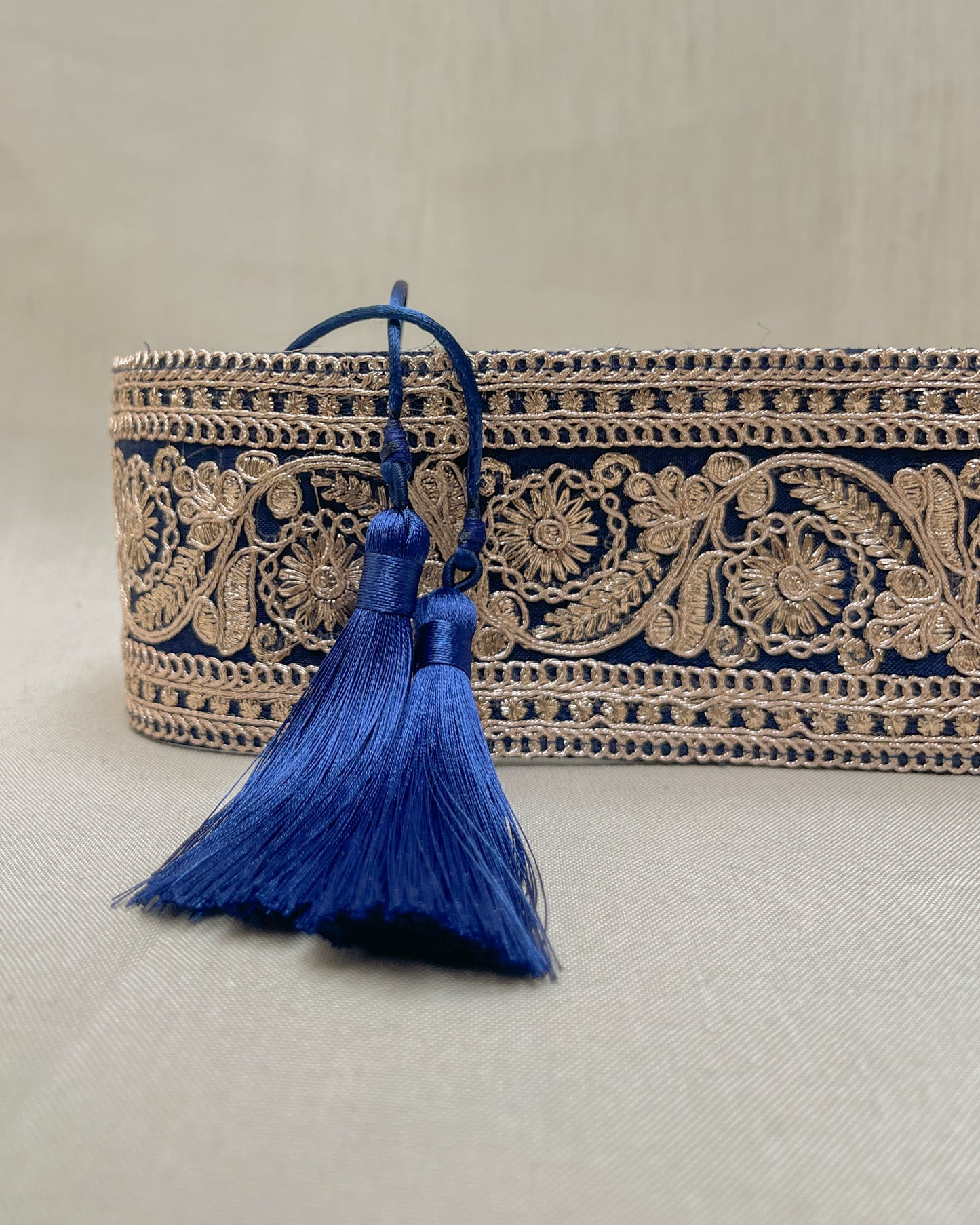 Blue bohemian embroidered obi belt with tassels