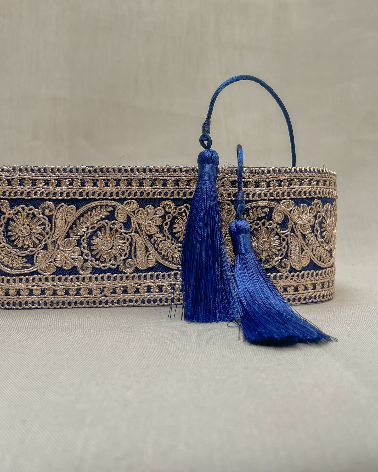 Blue bohemian embroidered obi belt with tassels