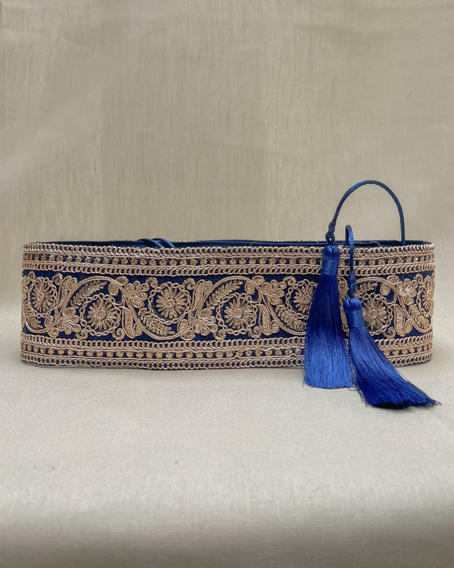 Blue bohemian embroidered obi belt with tassels