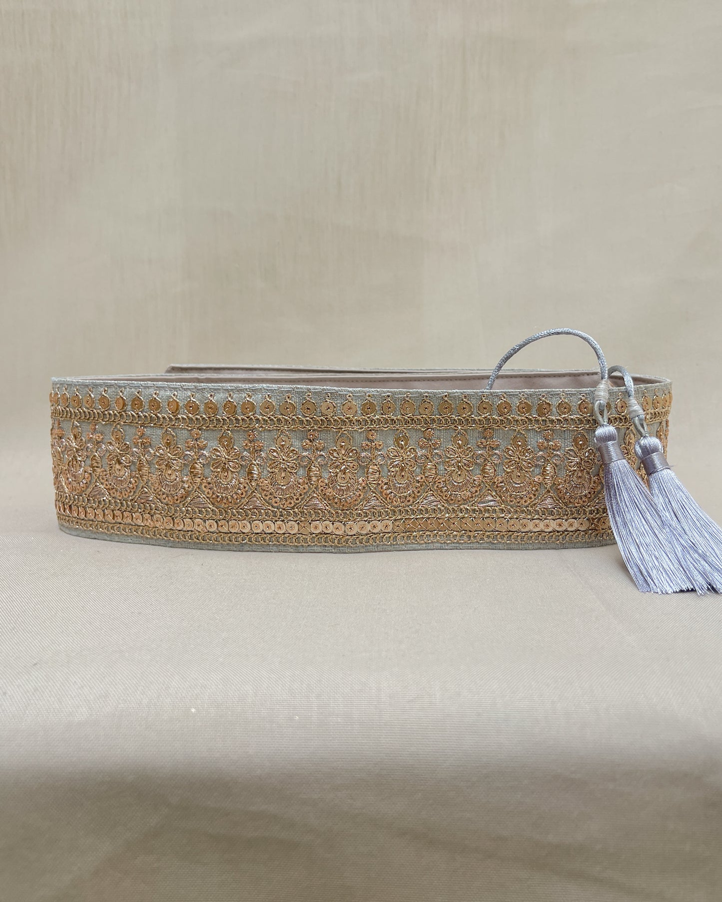 Silver bohemian embroidered obi belt with tassels