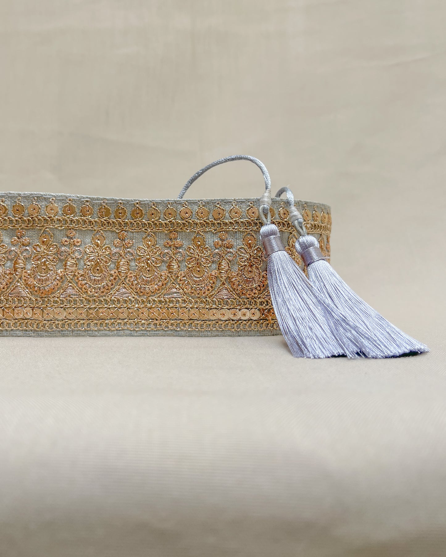 Silver bohemian embroidered obi belt with tassels