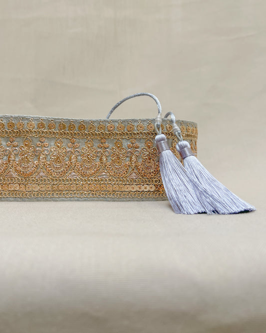 Silver bohemian embroidered obi belt with tassels