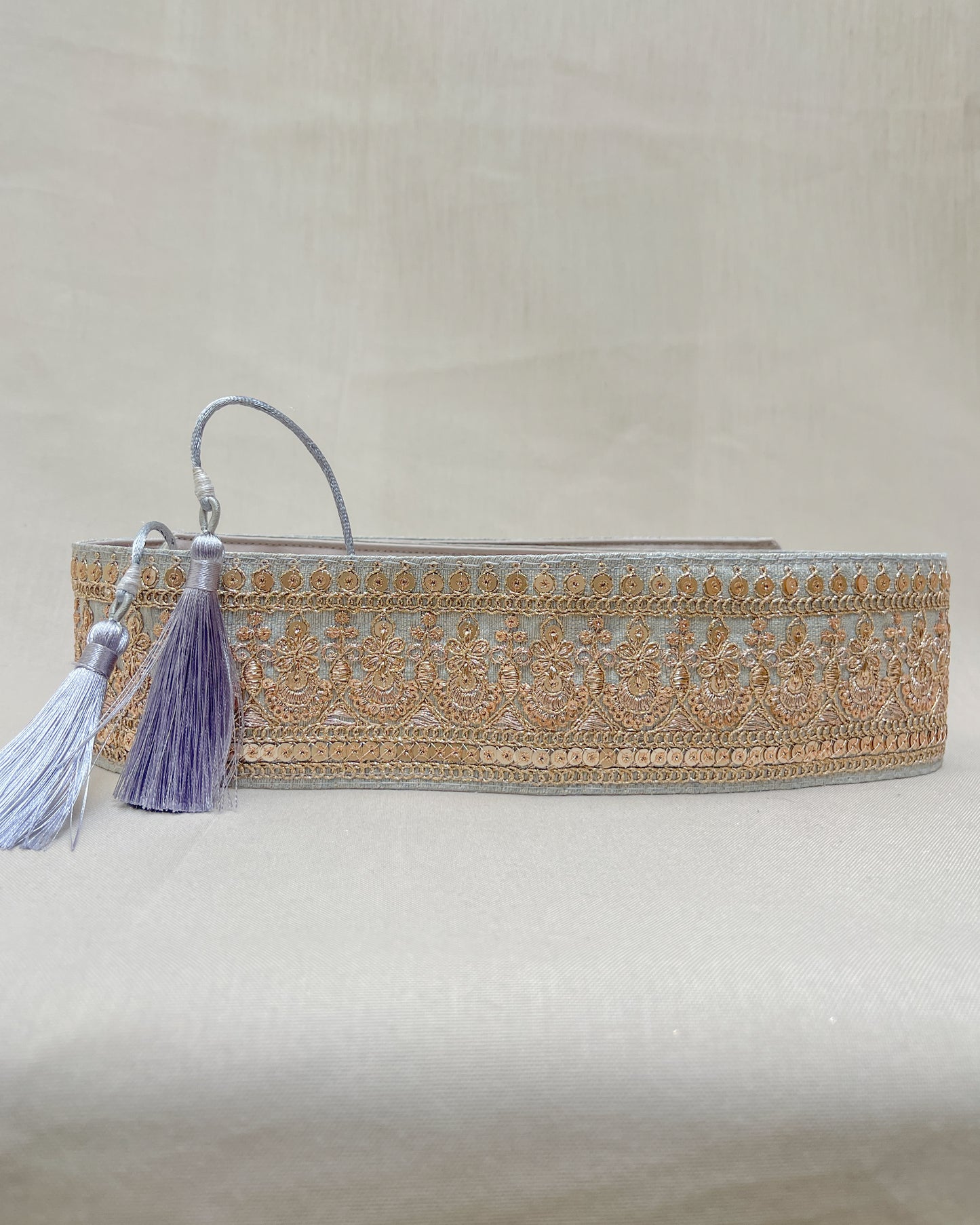 Silver bohemian embroidered obi belt with tassels