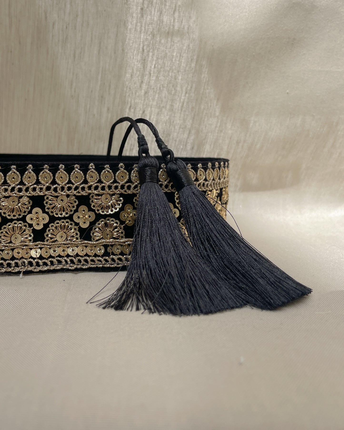 Black velvet bohemian embroidered obi belt with tassels