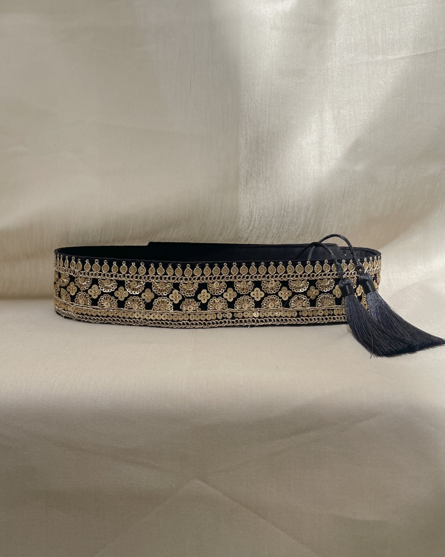 Black velvet bohemian embroidered obi belt with tassels