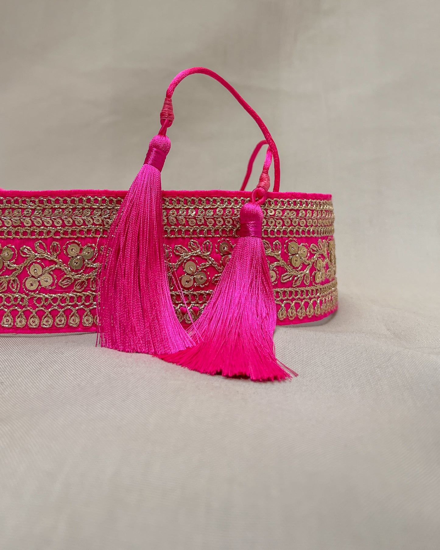 Pink bohemian embroidered obi belt with tassels