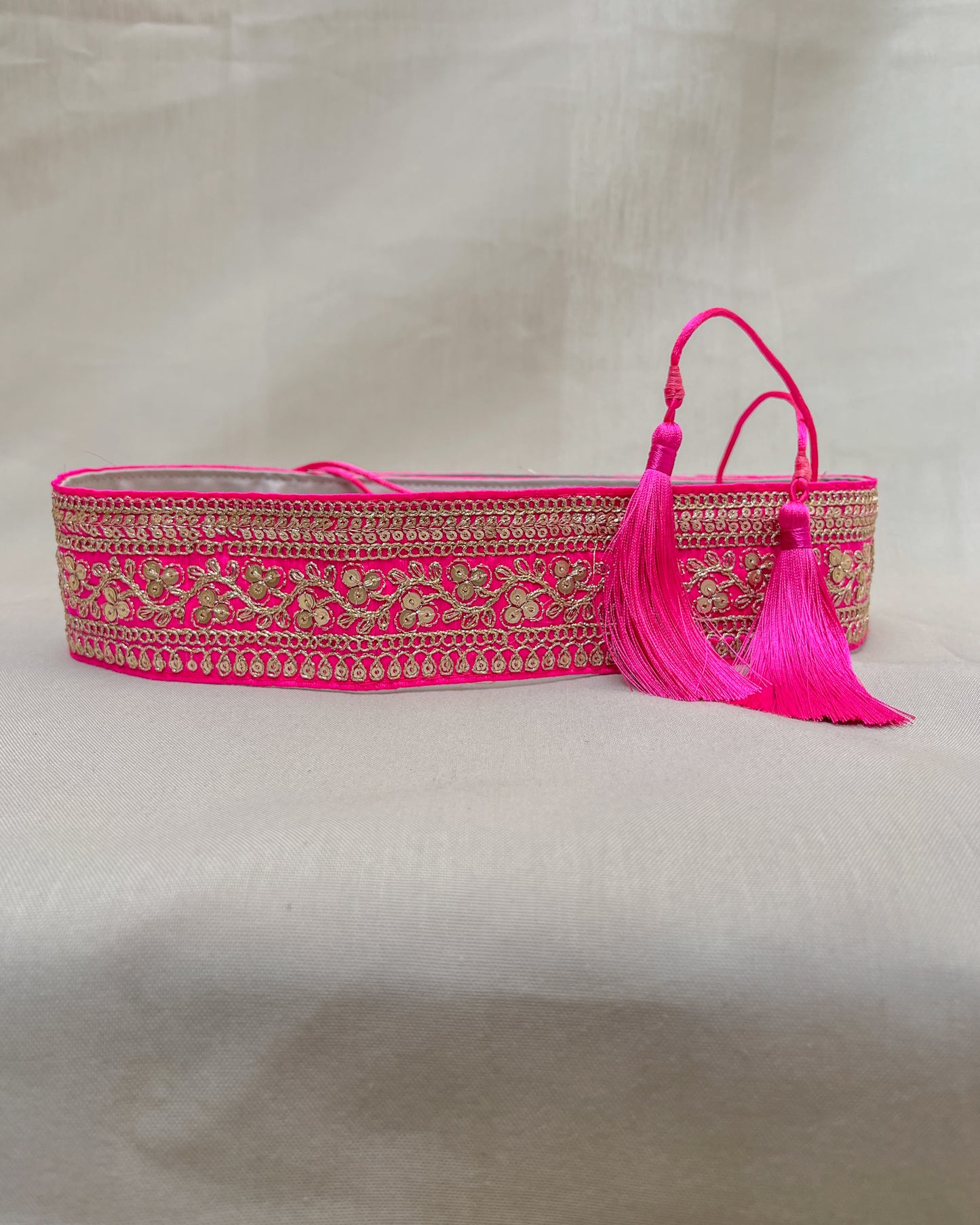 Pink bohemian embroidered obi belt with tassels