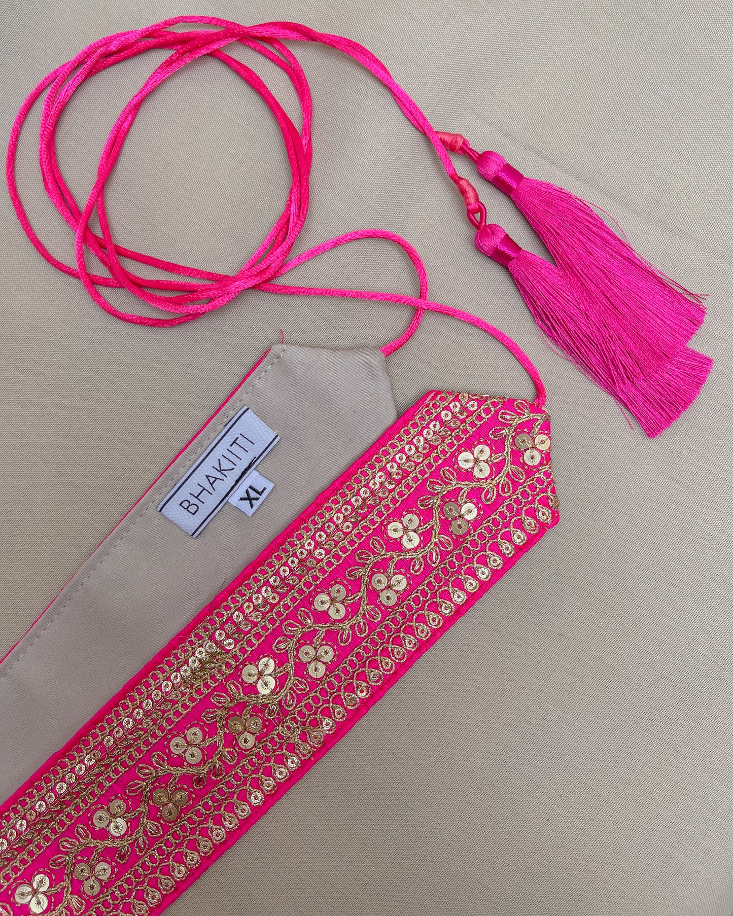 Pink bohemian embroidered obi belt with tassels