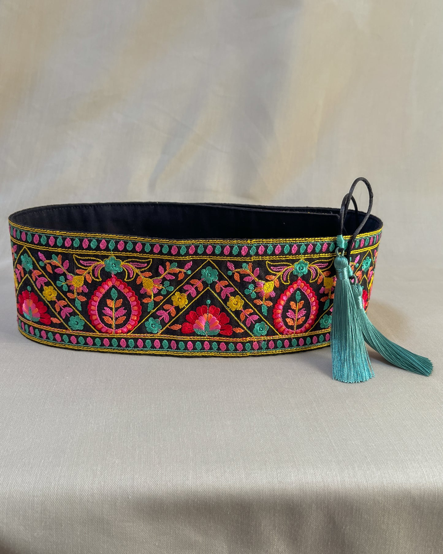 Bohemian embroidered obi belt with tassels