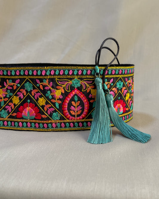 Bohemian embroidered obi belt with tassels