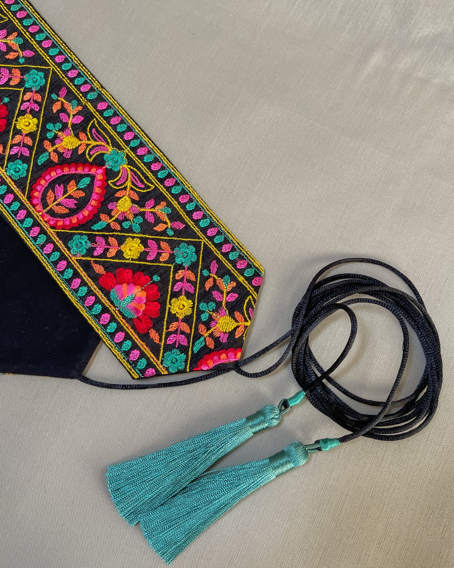 Bohemian embroidered obi belt with tassels